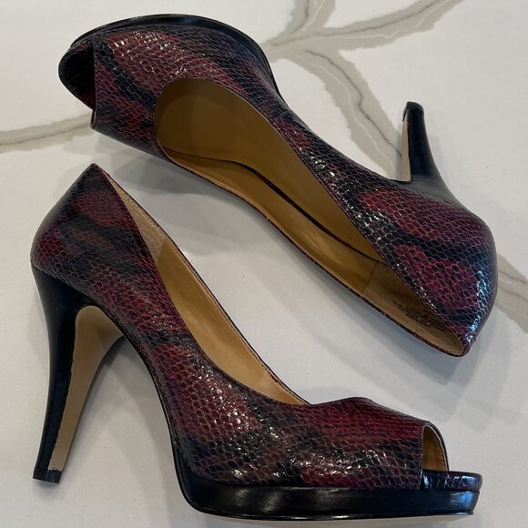 Nine West Danee Snake Skin Peeptoe Pumps in Black Cherry - Picture 1 of 8